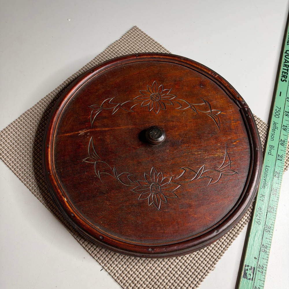 Vintage Hand Carved Floral Wood Crock Lid 11.25 Inch Sunflower Primitive Rustic